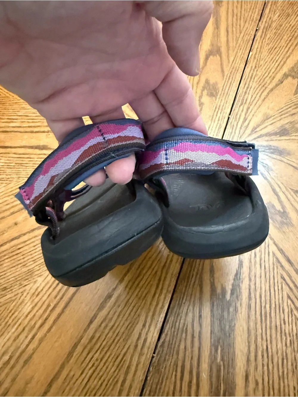 Teva Black Sandal with Pink and Gray Patterned Straps